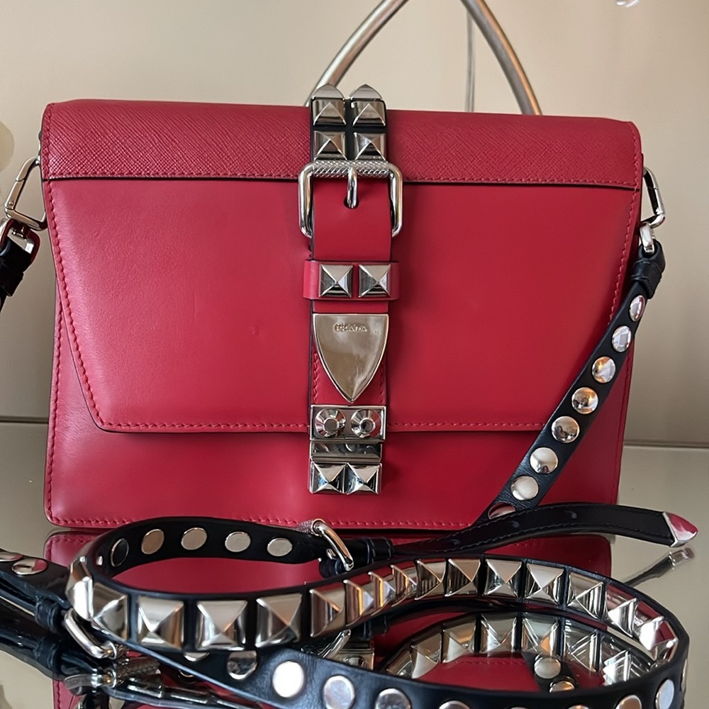 PRADA Elektra Shoulder Crossbody Bag Studded Red/Black Leather